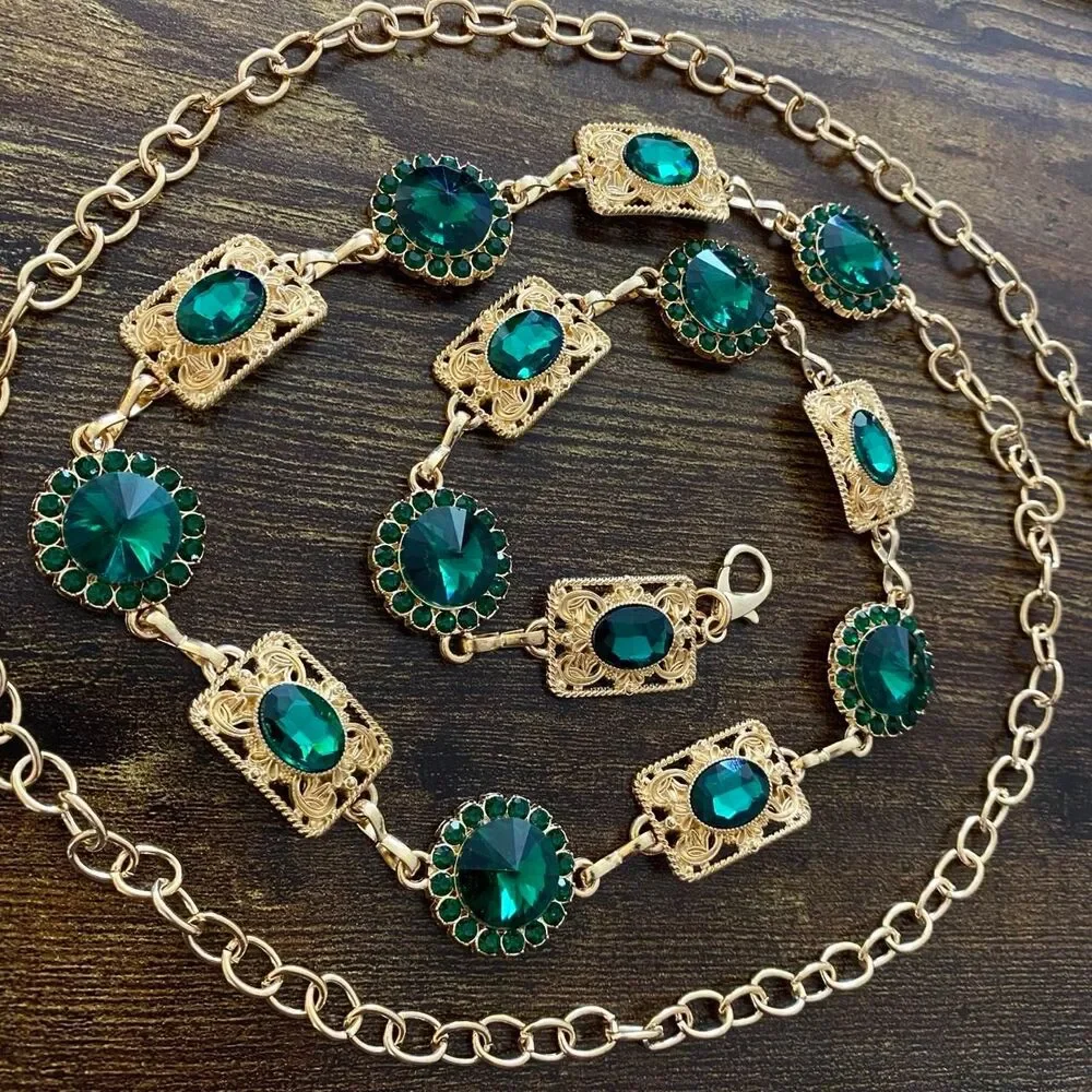 Gold Y2K Emerald Green Jewel Waist Chain Belt, Fits 24.5-51.5 Inches, X7GA1297